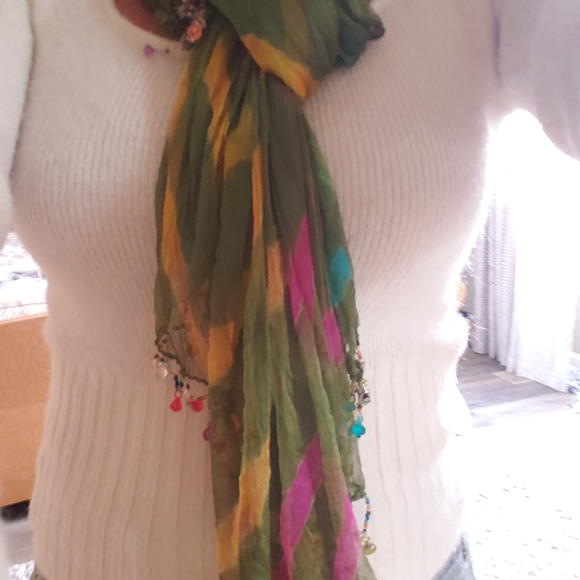 Colorful Accent Scarf with Bead Trim - Picture 2 of 2